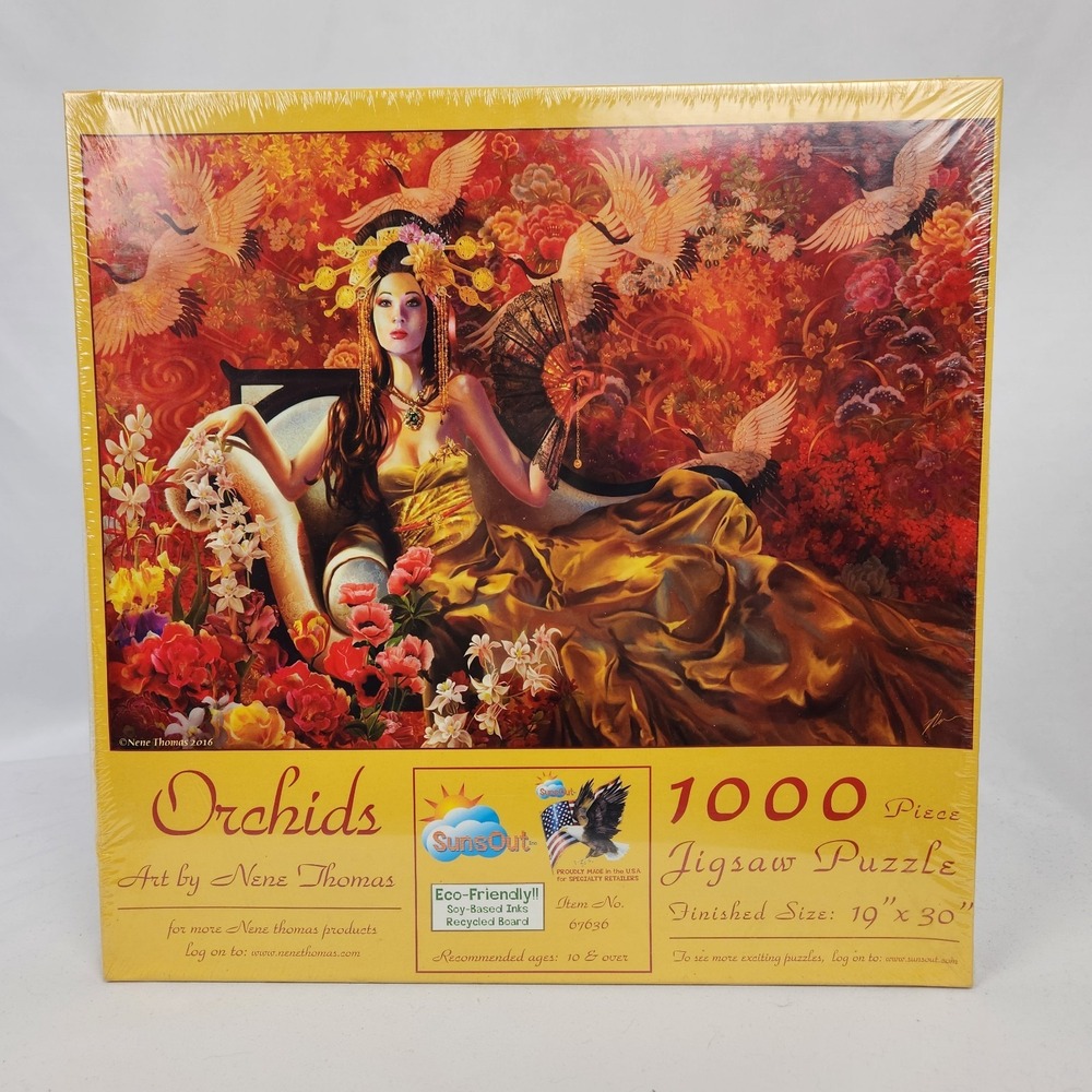 New Sealed Sunsout Puzzle Nene Thomas‎ "Orchids" 1000 pc Item 67636 - 19"x30"